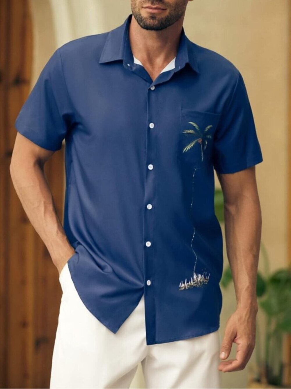 〽️Men Navy Blue Hawaiian Short Sleeve Coconut Printed Button Down Casual Shirts